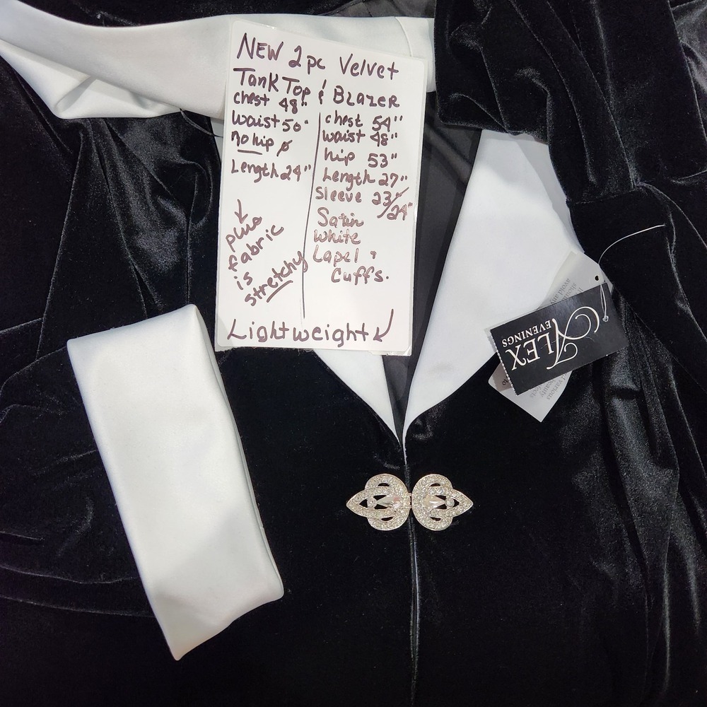 2X  Black Velvet TWIN SET  Blazer White Satin Lapel Cuff Clasp Formal Mother NEW - Picture 9 of 10